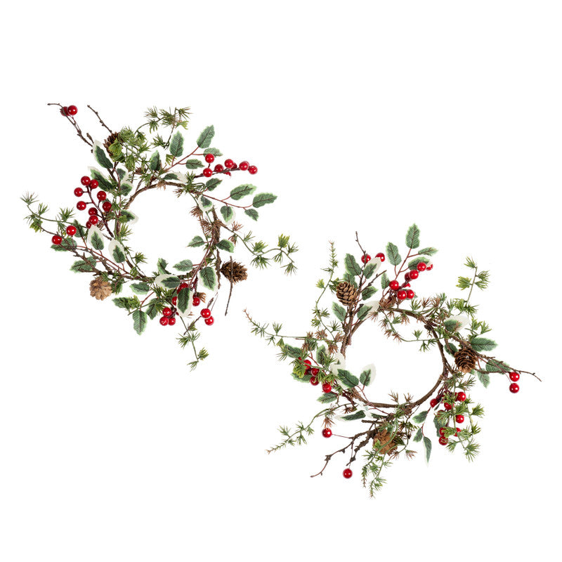 Set of 2 Variegated Leaf & Berry Candle Rings 25cm